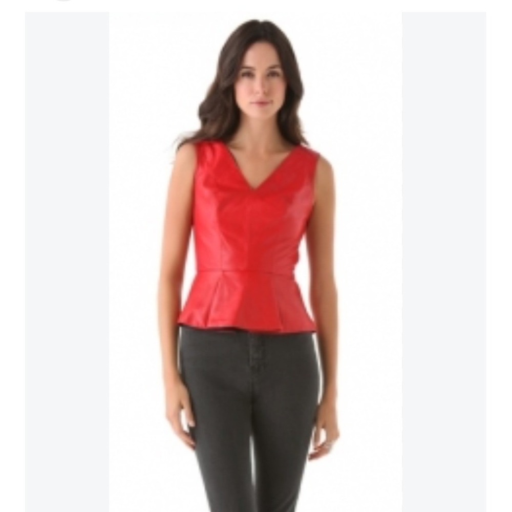 Robert Rodriguez Red Leather Peplum Top V-Neck Sleeveless Blouse Vest Size 4
